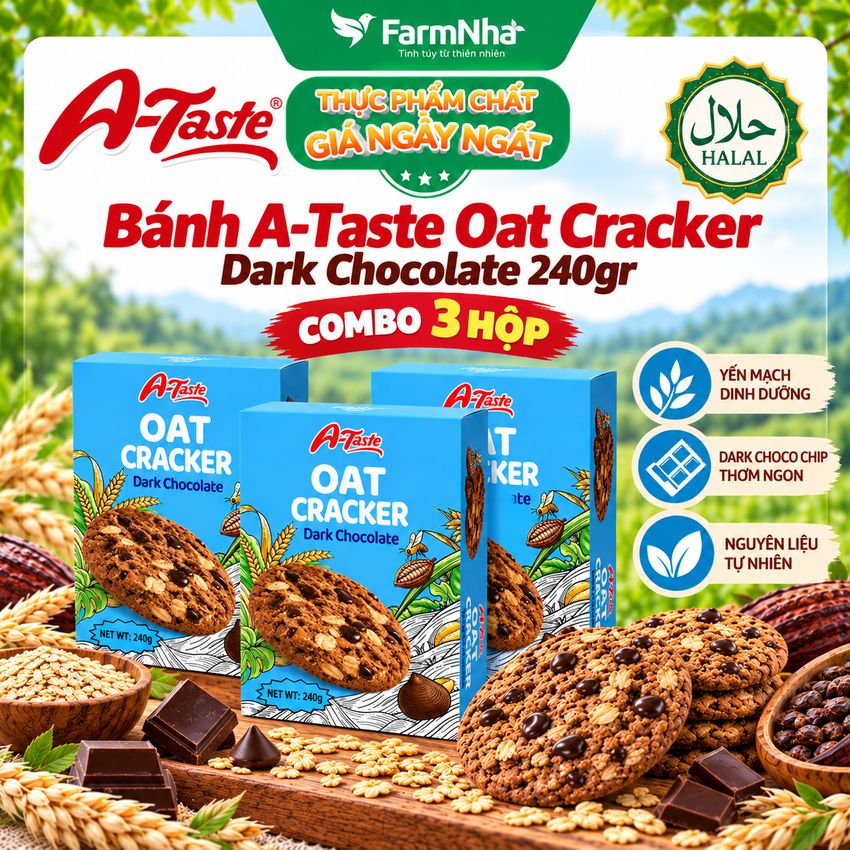 (Combo 6) Bánh A-Taste Oat Cracker Dark Chocolate 240g – Bánh Yến Mạch Giòn Thơm, Socola Đen Đậm Vị