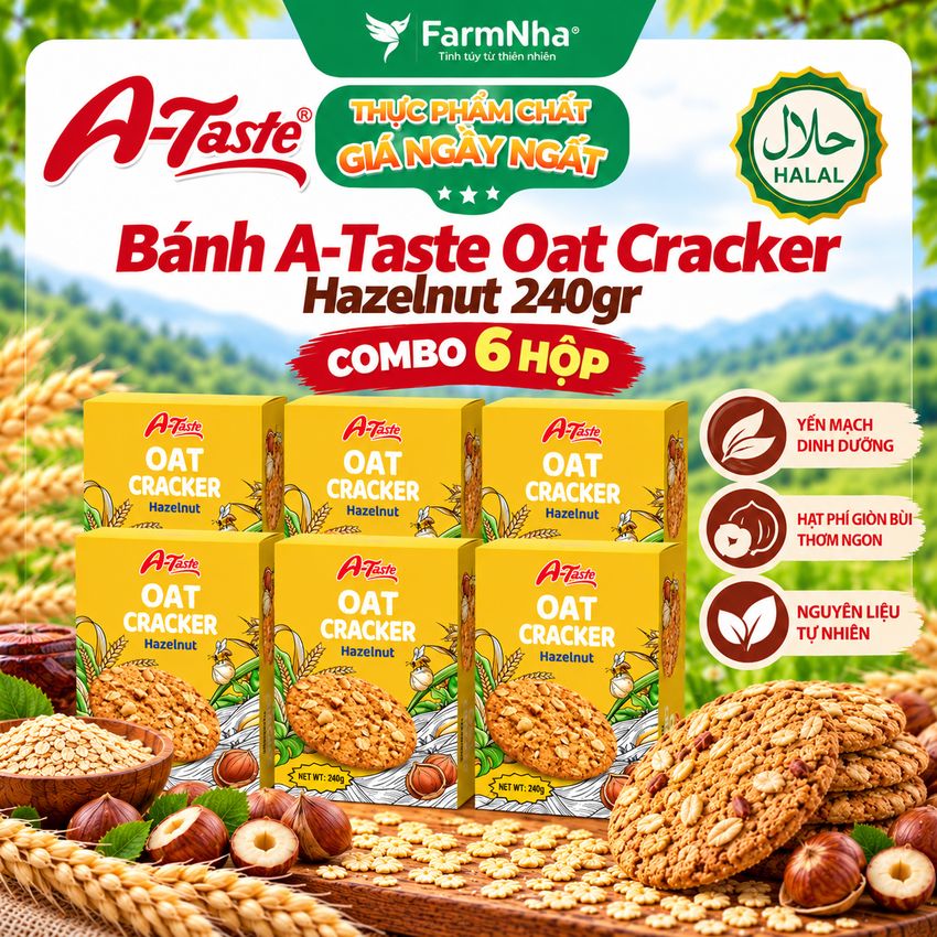 (Combo 6) Bánh A-Taste Oat Cracker Hazelnut 240g – Bánh Yến Mạch Hạt Phỉ Giòn Thơm, Bùi Béo 