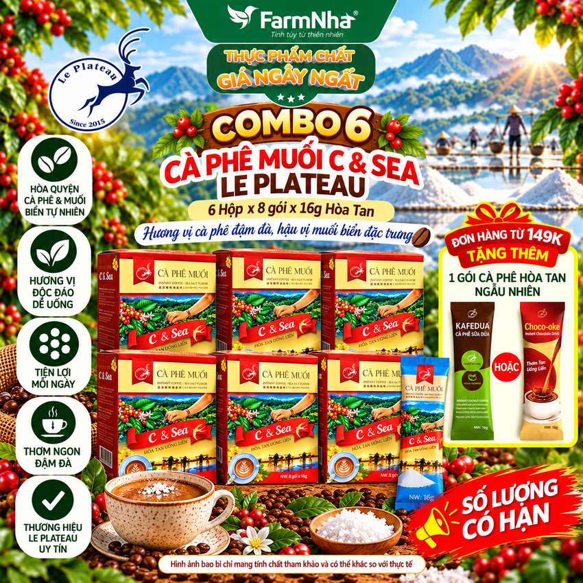 (Combo 6) Cà Phê Muối Hòa Tan C & Sea Le Plateau Hộp 128g 8 góix16g - Vị Thơm Béo Mặn Mà Muối Biển 