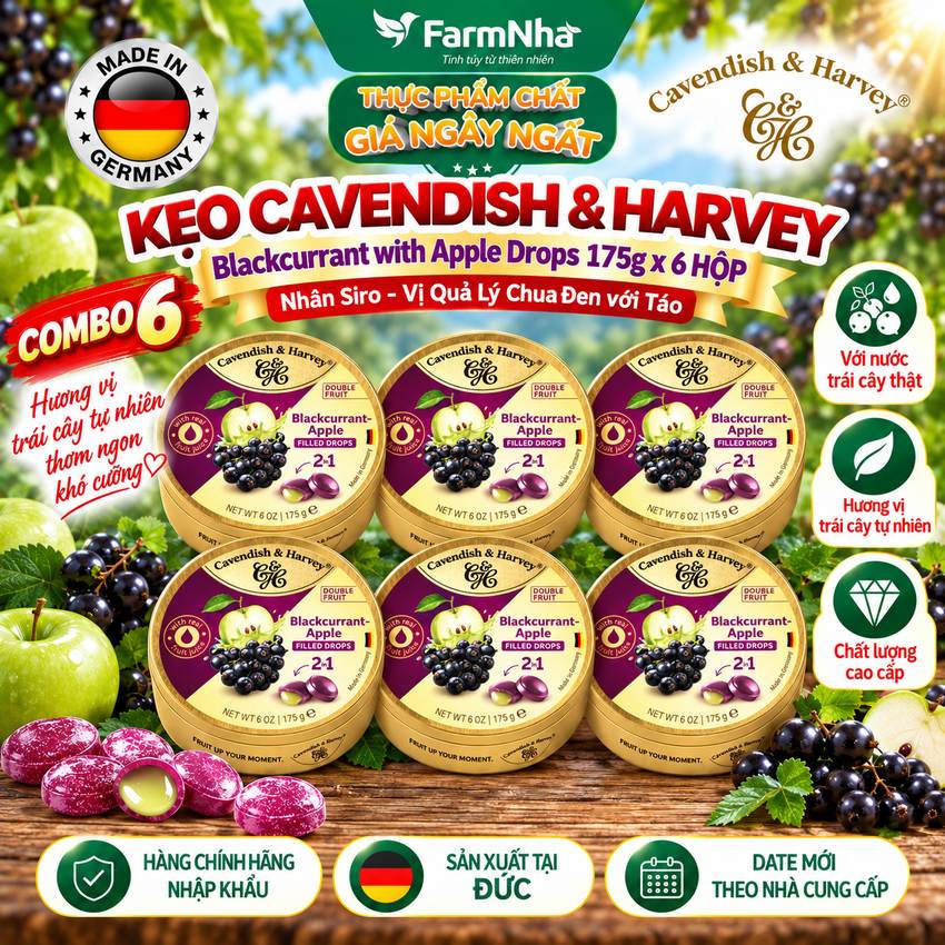 (Combo 6) Kẹo Cavendish & Harvey BLACKCURRANT WITH APPLE FILLING 175g Nhân Siro Hộp Thiếc - Kẹo Trái Cây Đức