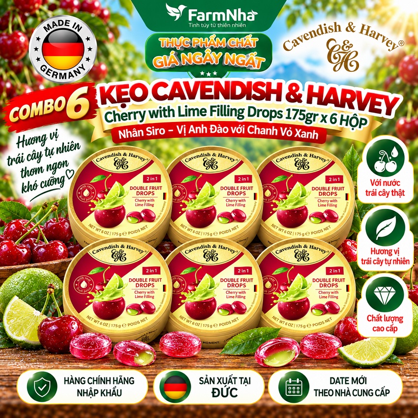 (Combo 6) Kẹo Cavendish & Harvey CHERRY WITH LIME FILLING 175g Nhân Siro Hộp Thiếc - Kẹo Trái Cây Đức