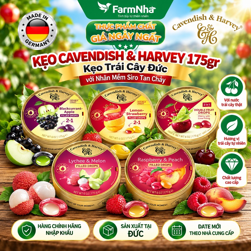(Combo 6) Kẹo Cavendish & Harvey CHERRY WITH LIME FILLING 175g Nhân Siro Hộp Thiếc - Kẹo Trái Cây Đức