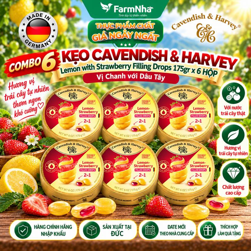 (Combo 6) Kẹo Cavendish & Harvey LEMON WITH STRAWBERRY FILLING 175gr Nhân Siro Hộp Thiếc - Kẹo Trái Cây Đức