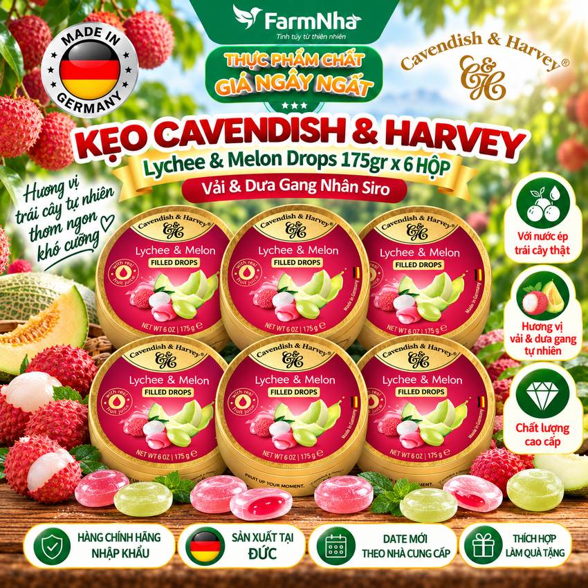 (Combo 6) Kẹo Cavendish & Harvey Lychee & Melon 175g Nhân Siro Hộp Thiếc - Kẹo Đức Vị Trái Cây Tự Nhiên