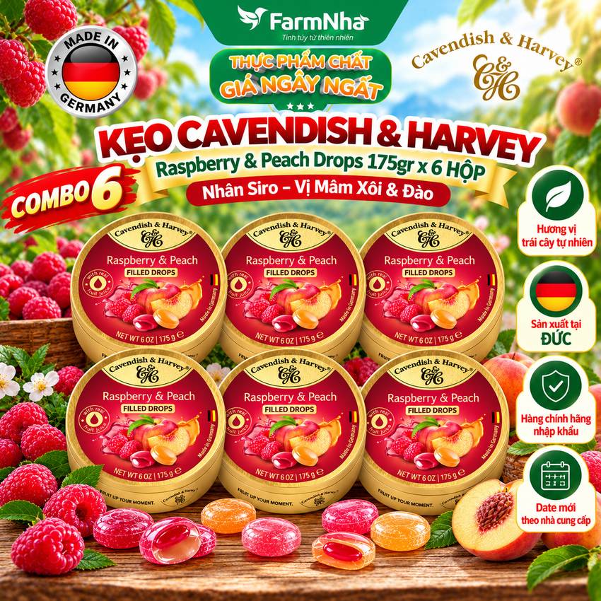 (Combo 6) Kẹo Cavendish & Harvey Raspberry & Peach 175g Nhân Siro Hộp Thiếc - Kẹo Đức vị Trái Cây Tự Nhiên 