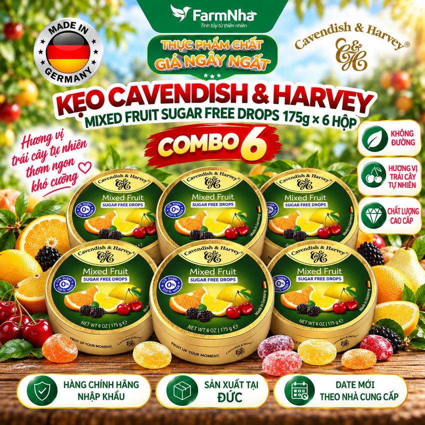 (Combo 6) Kẹo Cavendish & Harvey MIXED FRUIT Sugar Free 175gr Hộp Thiếc - Kẹo Đức vị Trái Cây Không Đường