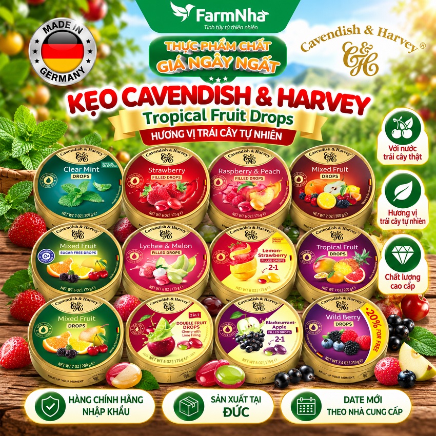 (Combo 6) Kẹo Cavendish & Harvey MIXED FRUIT Sugar Free 175gr Hộp Thiếc - Kẹo Đức vị Trái Cây Không Đường