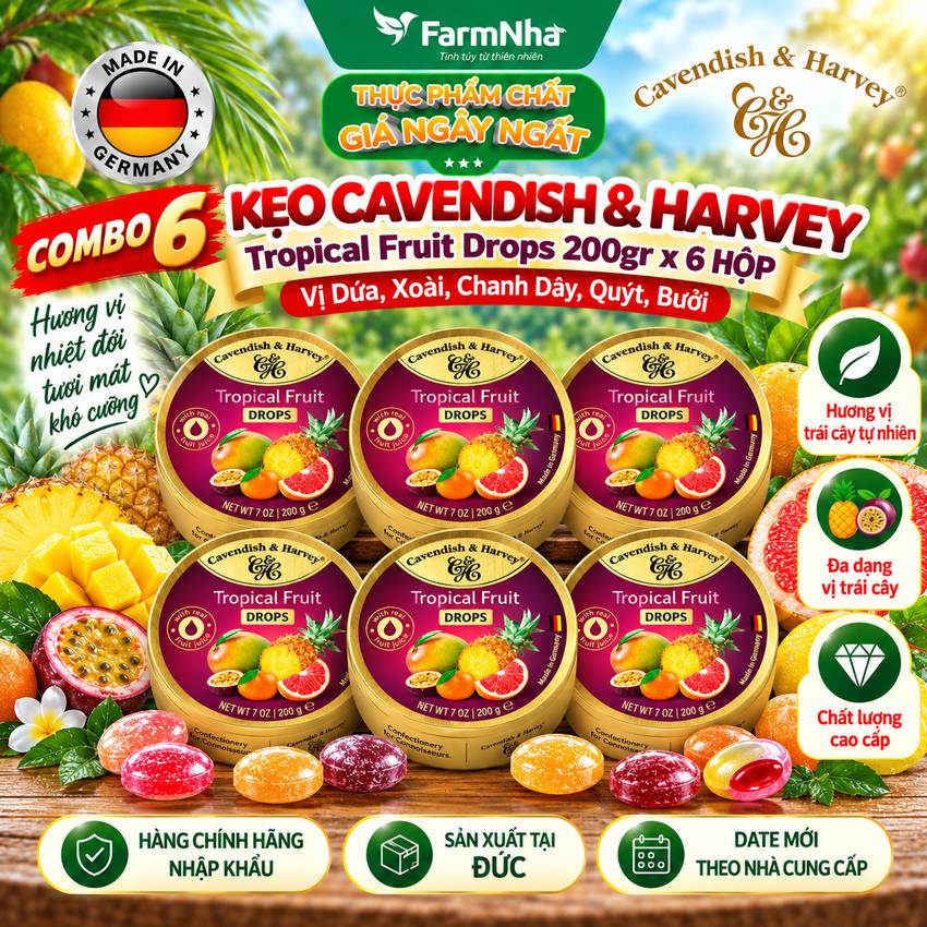 (Combo 6) Kẹo trái cây Cavendish & Harvey vị TROPICAL FRUIT 200gr - Hương vị tự nhiên tuyệt vời từ Đức 
