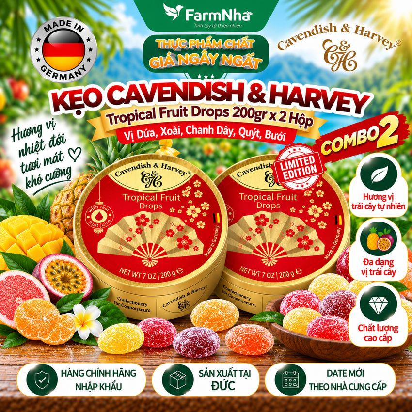 (Combo 6) Kẹo Cavendish & Harvey Tropical Fruit 200g Quạt Hộp Thiếc - Kẹo Đức Phiên Bản Đặc Biệt
