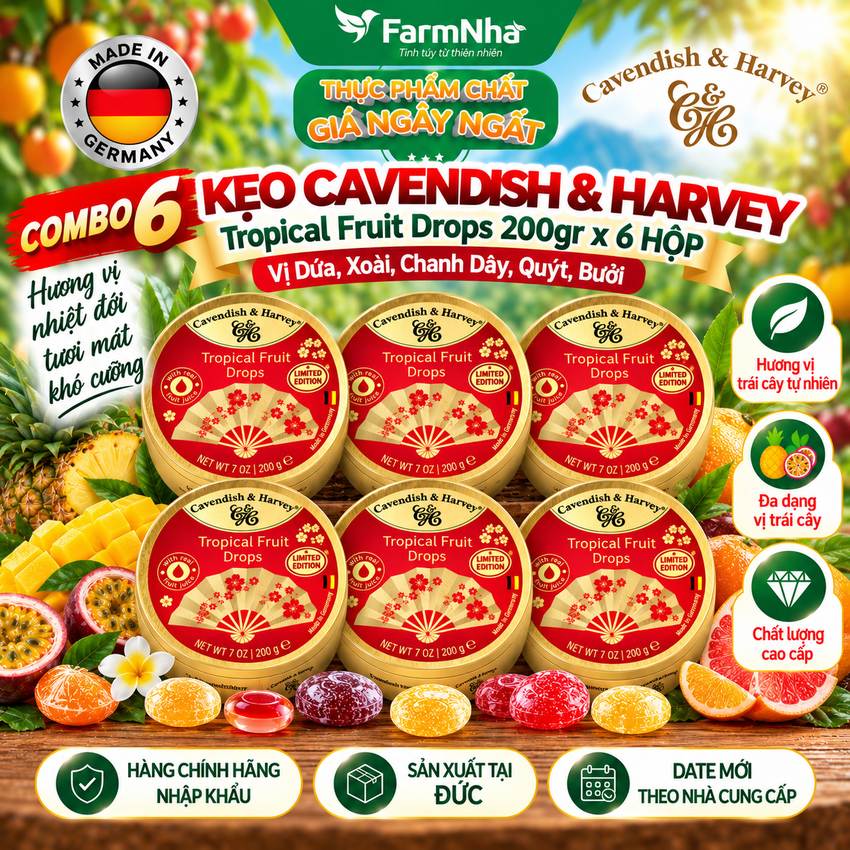 (Combo 6) Kẹo Cavendish & Harvey Tropical Fruit 200g Quạt Hộp Thiếc - Kẹo Đức Phiên Bản Đặc Biệt
