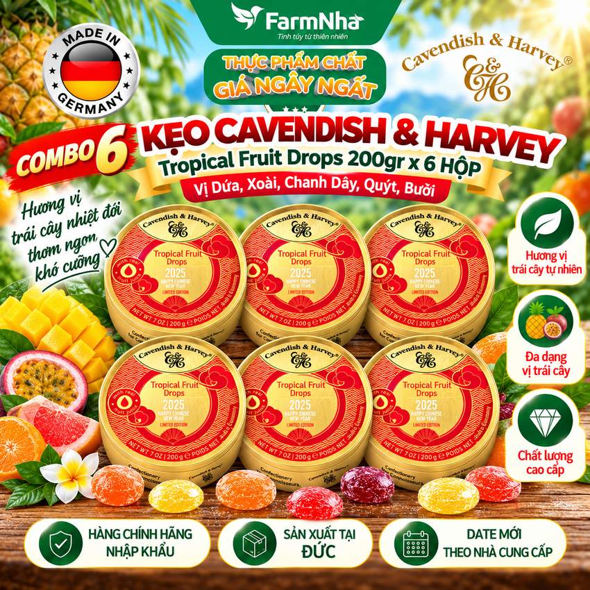 (Combo 6) Kẹo Cavendish & Harvey Tropical Fruit 200g Mây Hộp Thiếc - Kẹo Đức với Phiên Bản Đặc Biệt