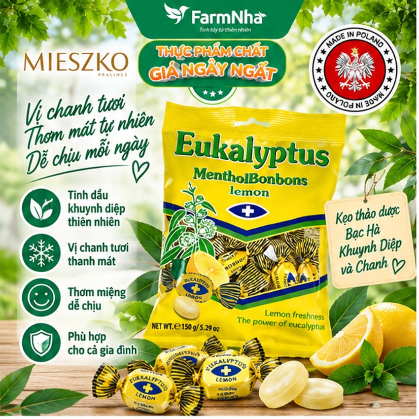 (Combo 6) Kẹo Eukalyptus Menthol Bonbons Lemon 150g Ba Lan – Kẹo Bạc Hà Khuynh Diệp Chanh