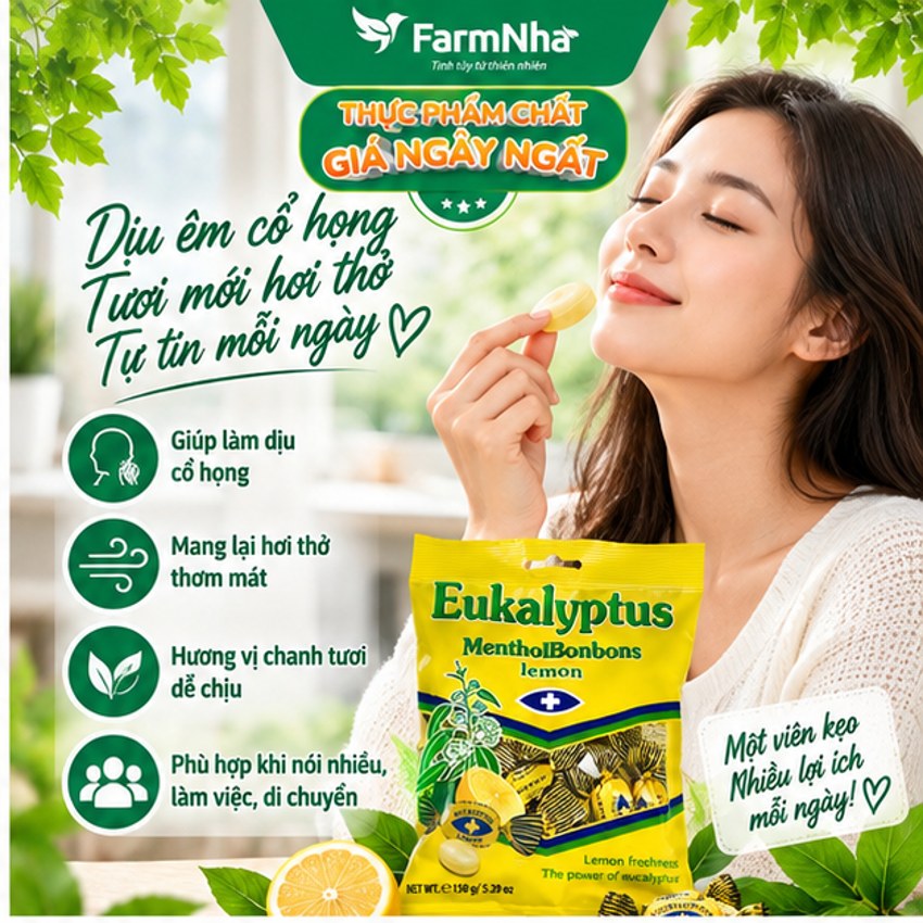 (Combo 6) Kẹo Eukalyptus Menthol Bonbons Lemon 150g Ba Lan – Kẹo Bạc Hà Khuynh Diệp Chanh