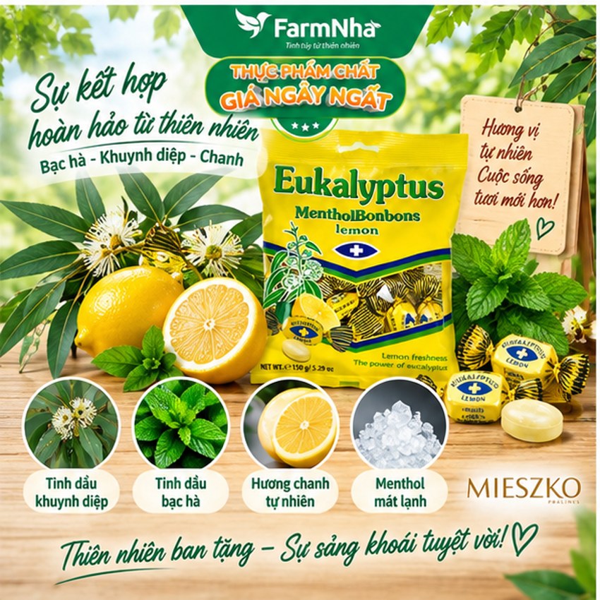 (Combo 6) Kẹo Eukalyptus Menthol Bonbons Lemon 150g Ba Lan – Kẹo Bạc Hà Khuynh Diệp Chanh