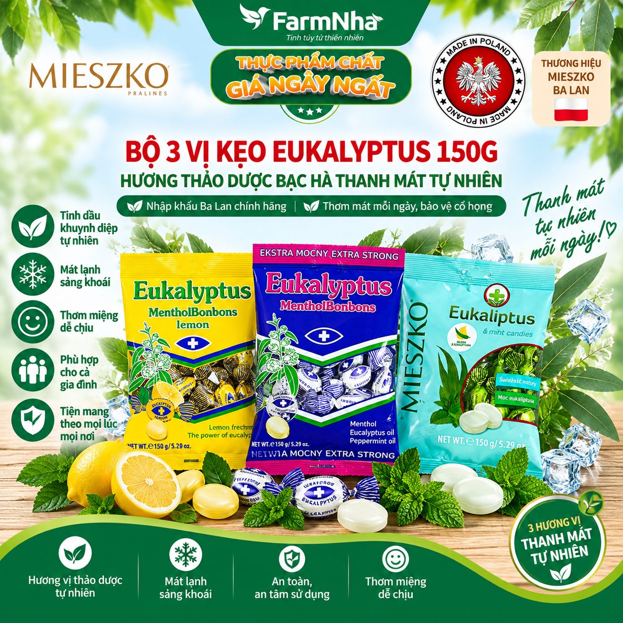 (Combo 6) Kẹo Eukalyptus Menthol Bonbons Lemon 150g Ba Lan – Kẹo Bạc Hà Khuynh Diệp Chanh