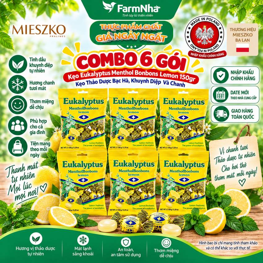 (Combo 6) Kẹo Eukalyptus Menthol Bonbons Lemon 150g Ba Lan – Kẹo Bạc Hà Khuynh Diệp Chanh 