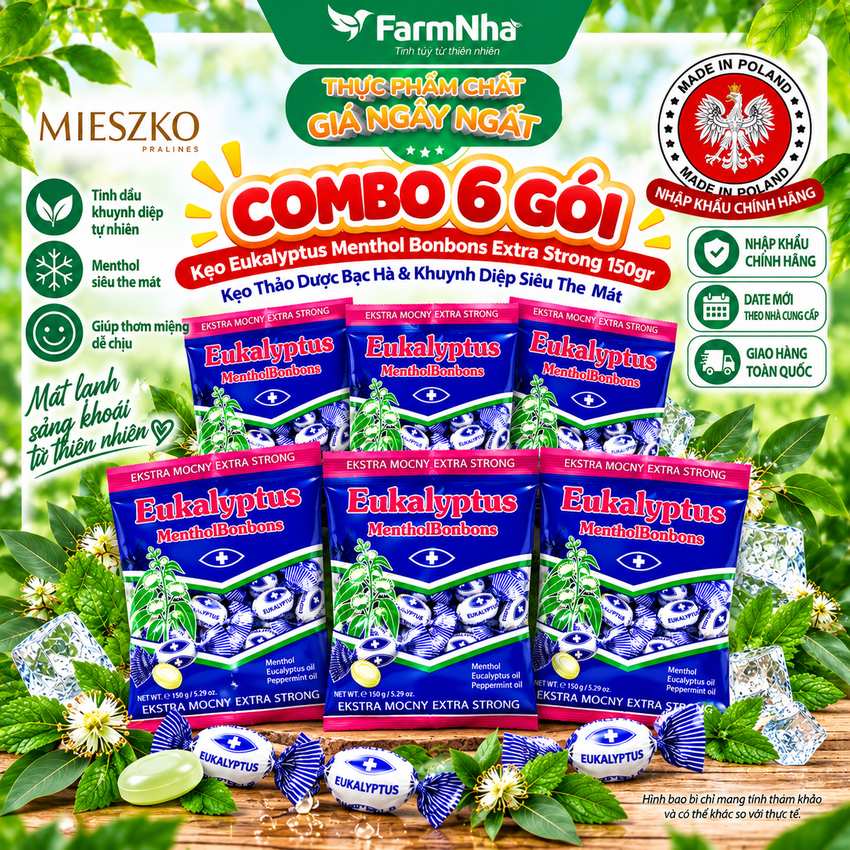 (Combo 6) Kẹo Eukalyptus Menthol Bonbons Extra Strong 150g – Bạc Hà Khuynh Diệp Siêu The Mát 