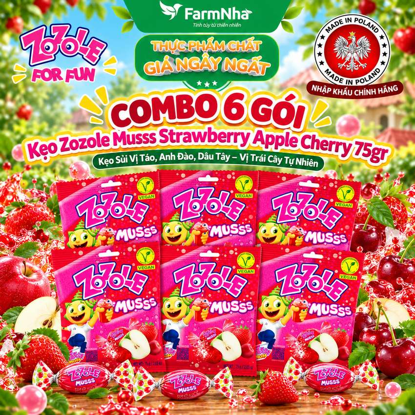 (Combo 6) Kẹo Zozole Musss Strawberry Apple Cherry 75gr – Vị Trái Cây Chua Ngọt Siêu Vui Nhộn 