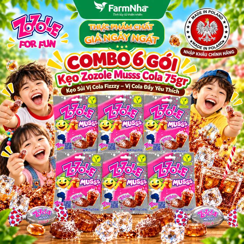 (Combo 6) Kẹo Zozole Musss Cola 75gr – Kẹo Cola Nhân Fizzzy Sủi Bọt Siêu Vui 