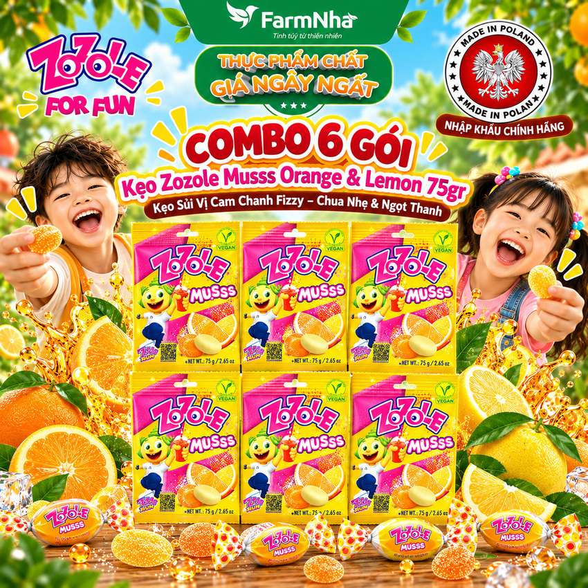 (Combo 6) Kẹo Zozole Musss Orange & Lemon 75gr – Kẹo Sủi Fizzzy Vị Cam Chanh Cực Đã