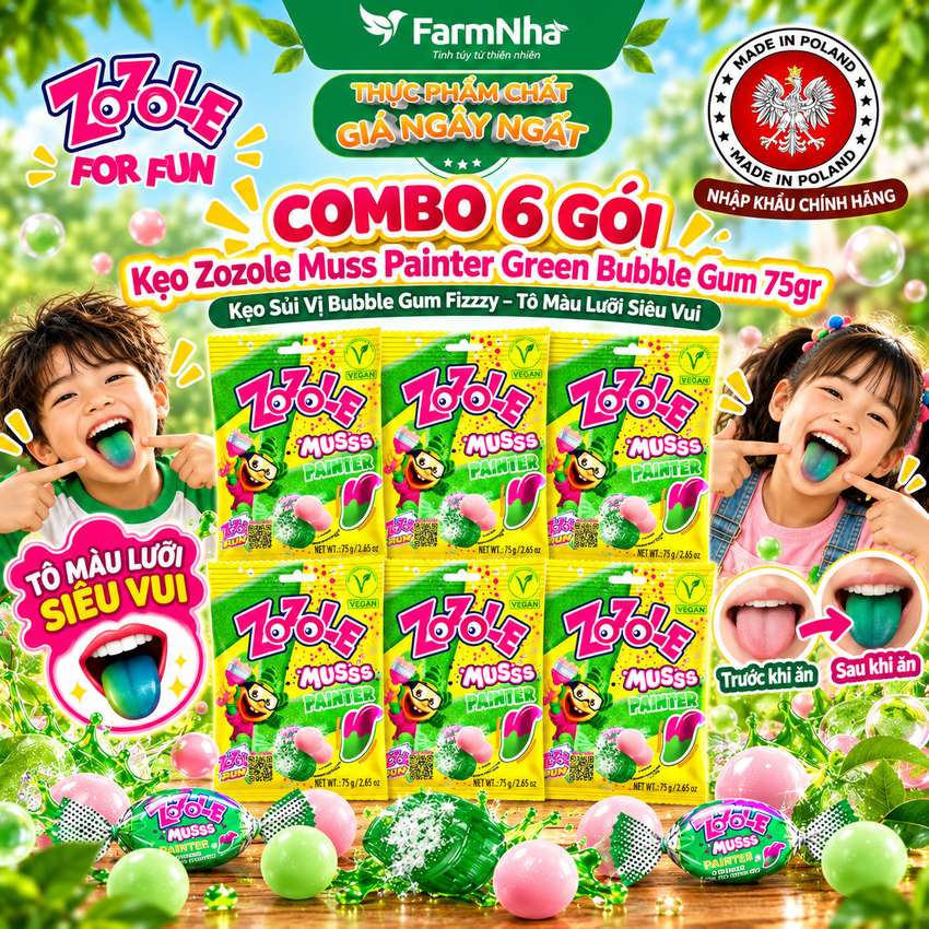 (Combo 6) Kẹo Zozole Musss Painter Green Bubble Gum 75gr – Hiệu Ứng Đổi Màu Lưỡi Siêu Vui