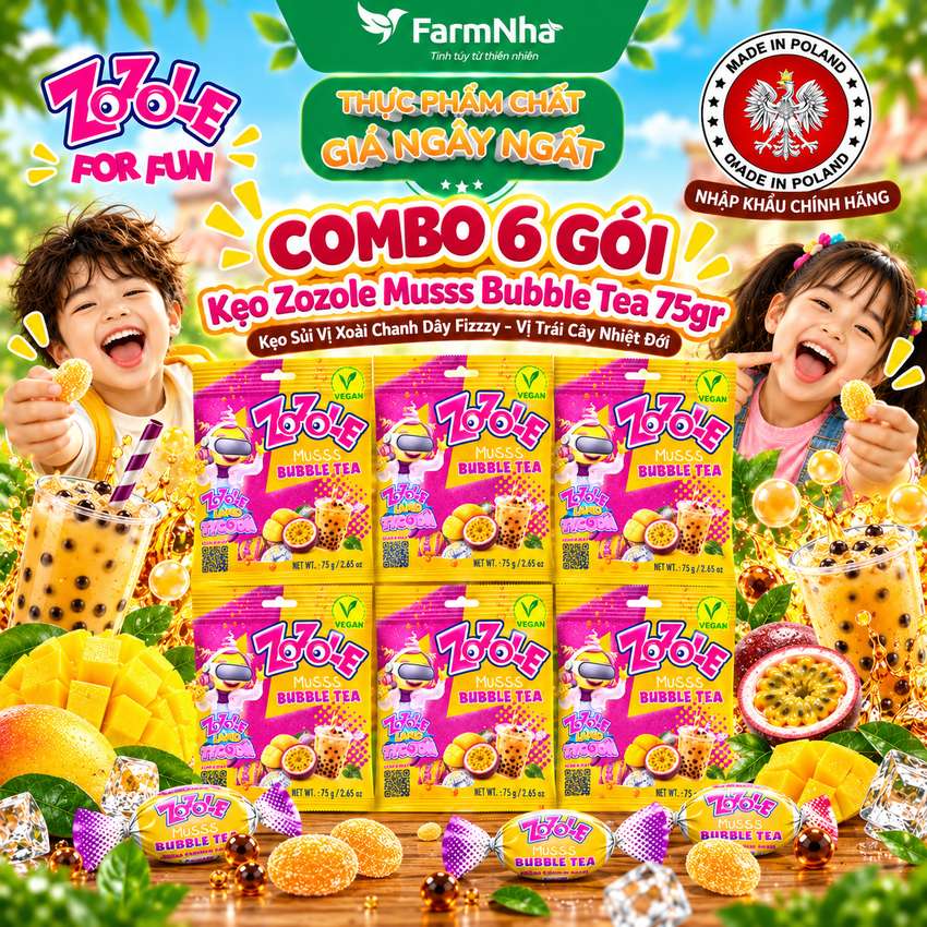(Combo 6) Kẹo Zozole Musss Bubble Tea 75g - Kẹo Sủi Xoài Chanh Dây Fizzzzy vị Trái Cây Nhiệt Đới