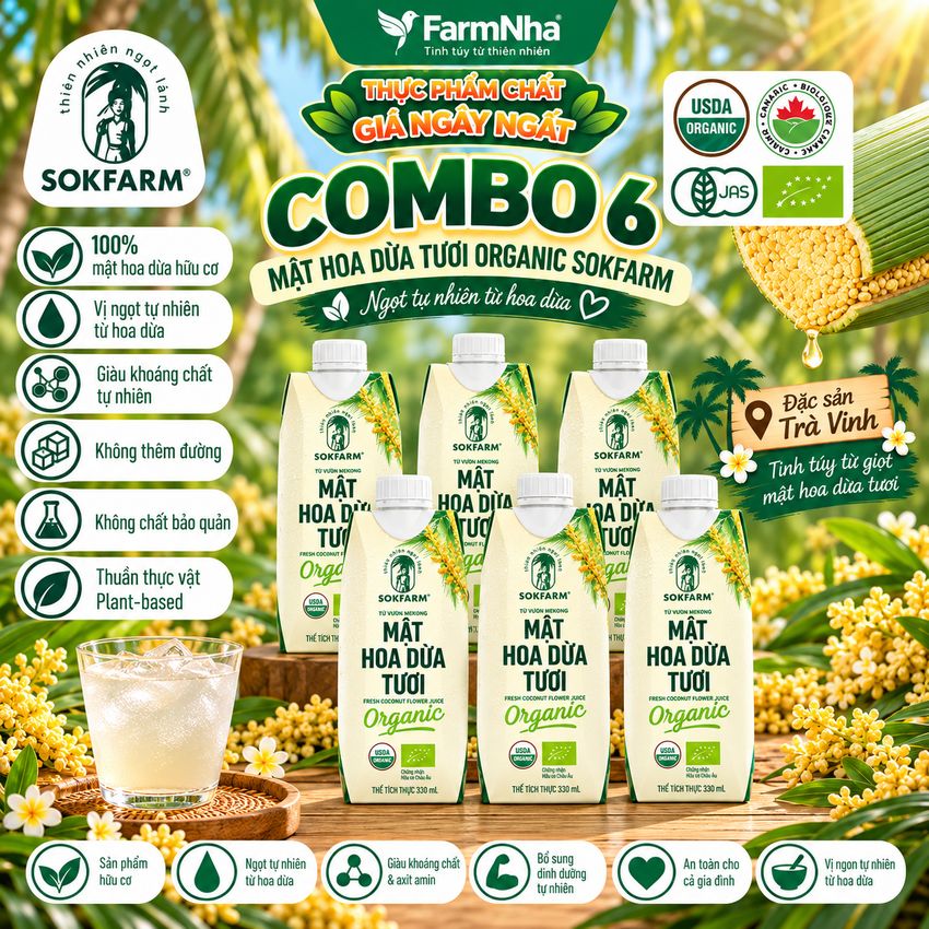 (Combo 6) Nước Uống Mật Hoa Dừa Tươi Sokfarm 330ml UHT – Hữu Cơ Giàu Khoáng Tự Nhiên, Uống Là Khỏe 