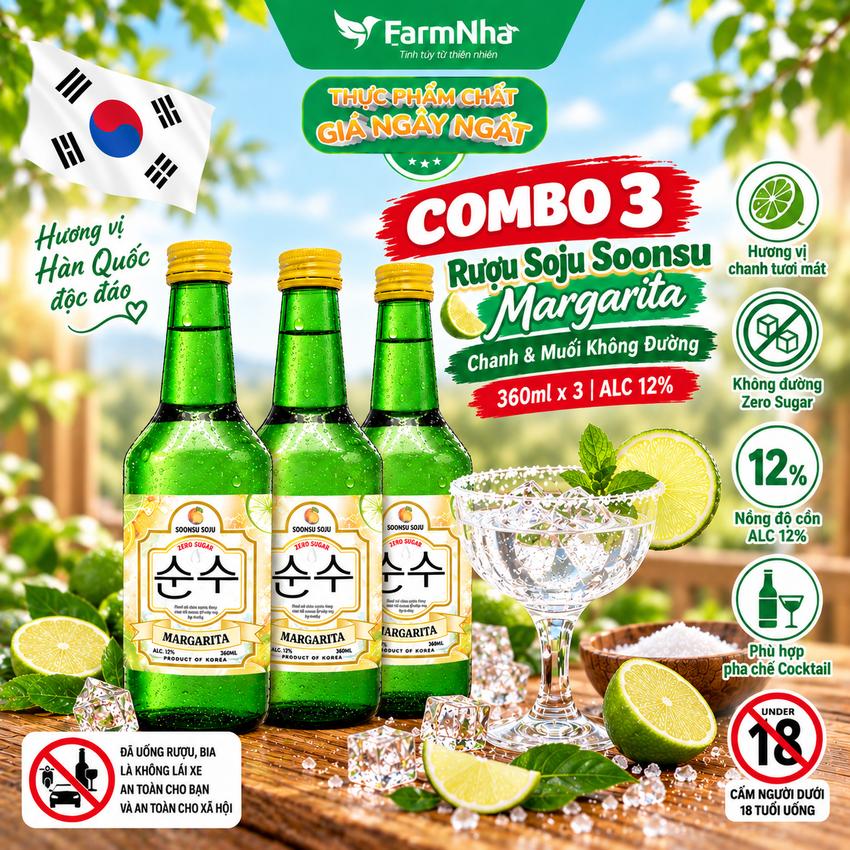 (Combo 6) Rượu Soju Soonsu Margarita Zero Sugar 360ml ALC 12% – Hương Vị Margarita Tươi Mát Không Đường từ Hàn Quốc
