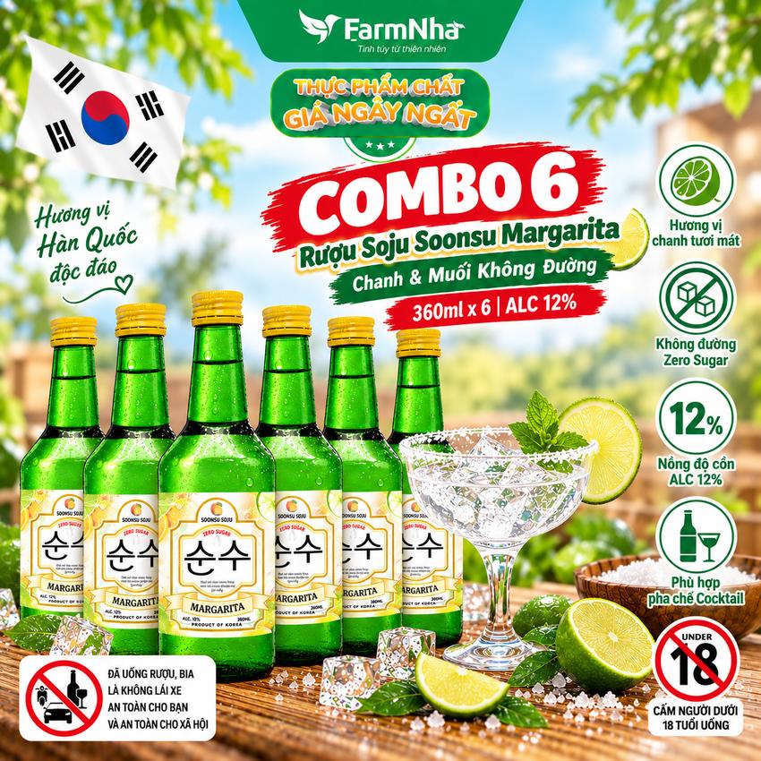 (Combo 6) Rượu Soju Soonsu Margarita Zero Sugar 360ml ALC 12% – Hương Vị Margarita Tươi Mát Không Đường từ Hàn Quốc 
