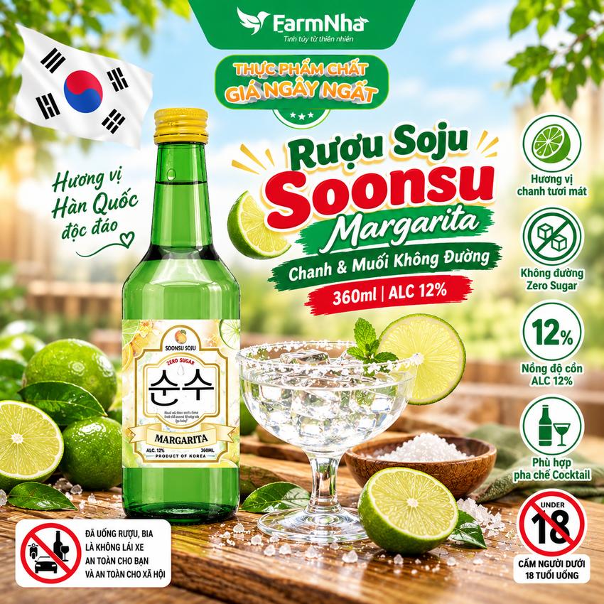 (Combo 6) Rượu Soju Soonsu Margarita Zero Sugar 360ml ALC 12% – Hương Vị Margarita Tươi Mát Không Đường từ Hàn Quốc