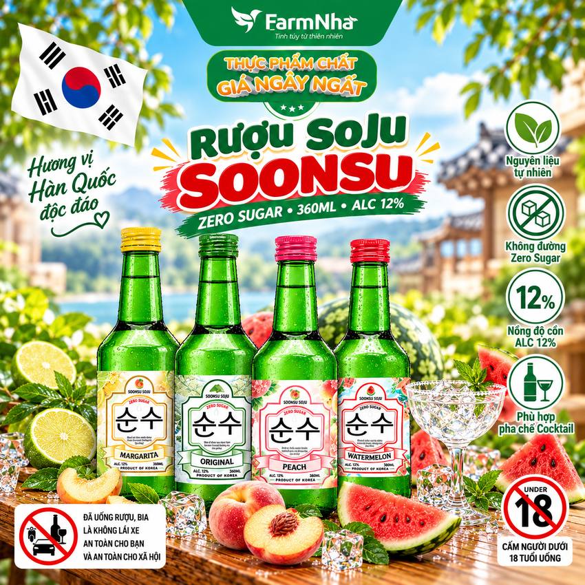 (Combo 6) Rượu Soju Soonsu Original Zero Sugar 360ml ALC 12% – Soju Truyền Thống Cao Cấp từ Hàn Quốc