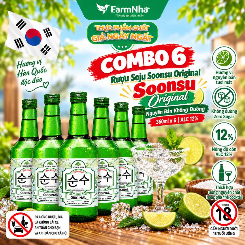 (Combo 6) Rượu Soju Soonsu Original Zero Sugar 360ml ALC 12% – Soju Truyền Thống Cao Cấp từ Hàn Quốc 
