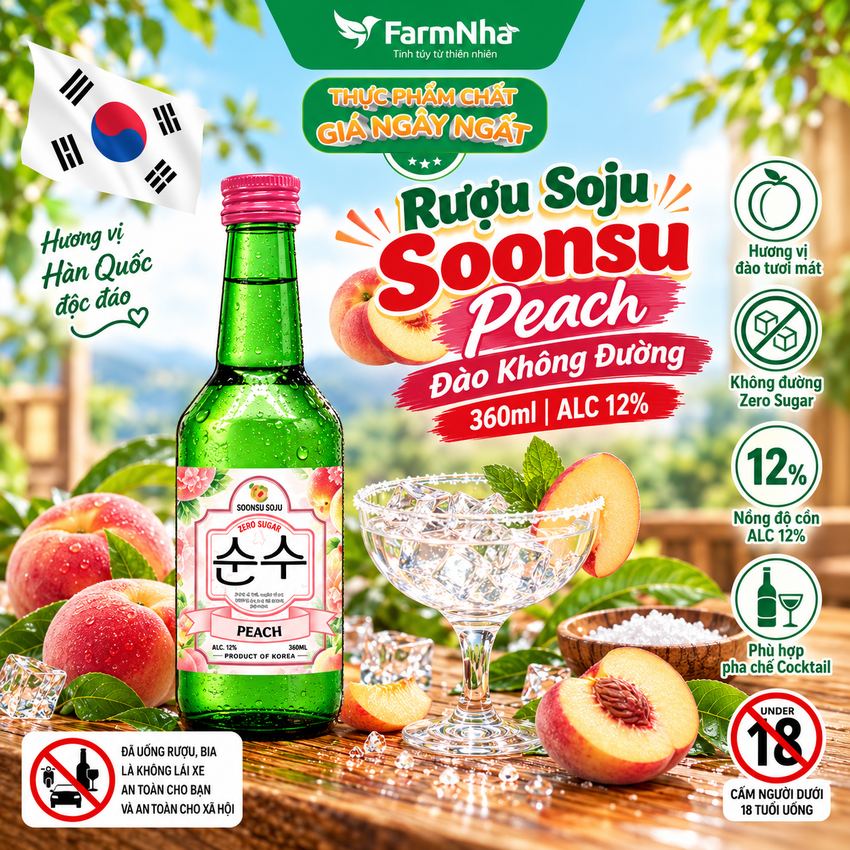(Combo 6) Rượu Soju Soonsu Peach Zero Sugar 360ml ALC 12%– Rượu Soju Đào Không Đường Cao Cấp Từ Hàn Quốc