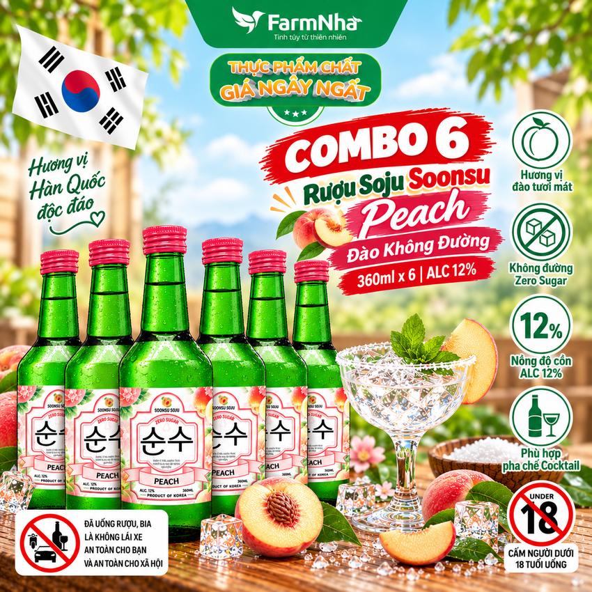 (Combo 6) Rượu Soju Soonsu Peach Zero Sugar 360ml ALC 12%– Rượu Soju Đào Không Đường Cao Cấp Từ Hàn Quốc 