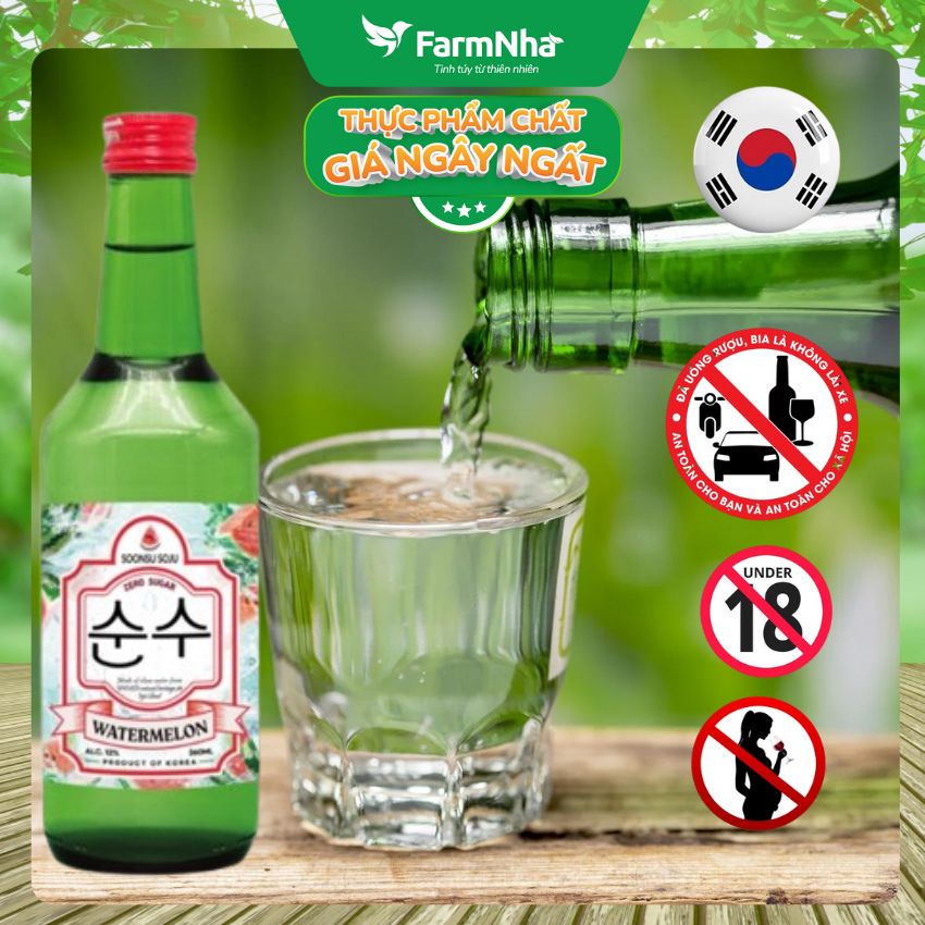 (Combo 6) Rượu Soju Soonsu Watermelon Zero Sugar 360ml ALC 12% – Soju Hương Dưa Hấu Không Đường Cao Cấp Từ Hàn Quốc