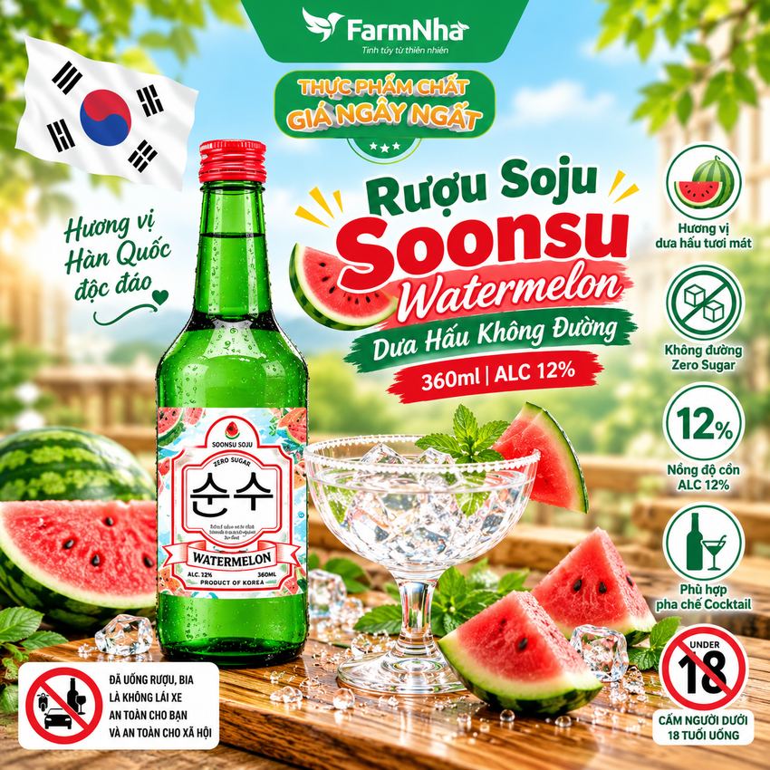 (Combo 6) Rượu Soju Soonsu Watermelon Zero Sugar 360ml ALC 12% – Soju Hương Dưa Hấu Không Đường Cao Cấp Từ Hàn Quốc