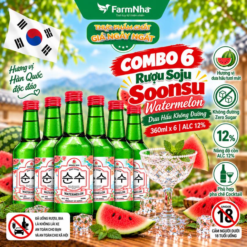 (Combo 6) Rượu Soju Soonsu Watermelon Zero Sugar 360ml ALC 12% – Soju Hương Dưa Hấu Không Đường Cao Cấp Từ Hàn Quốc 
