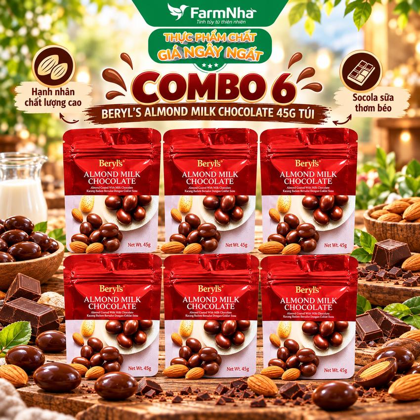 (Combo 6) Sô cô la Beryls Almond Milk Chocolate 45g: Sự Kết Hợp Hoàn Hảo Giữa Sô Cô La Sữa và Hạnh Nhân
