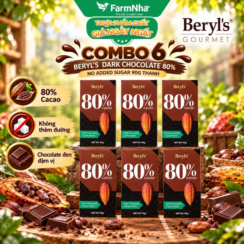 (Combo 6) Sô cô la Beryls No Added Sugar Dark 80% Chocolate 90g : Sự Lựa Chọn Hoàn Hảo Cho Người Yêu Thích Sô Cô La Đậm Đà