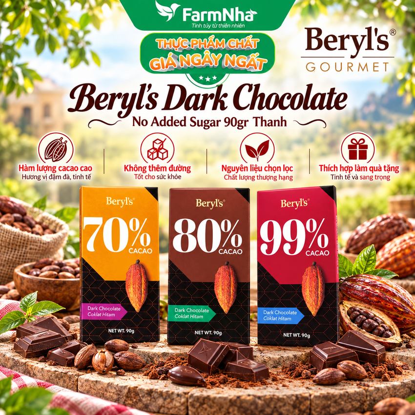 (Combo 6) Sô cô la Beryls No Added Sugar Dark 99% Chocolate 90g : Sô Cô La Nguyên Chất Không Đường Tinh Tế