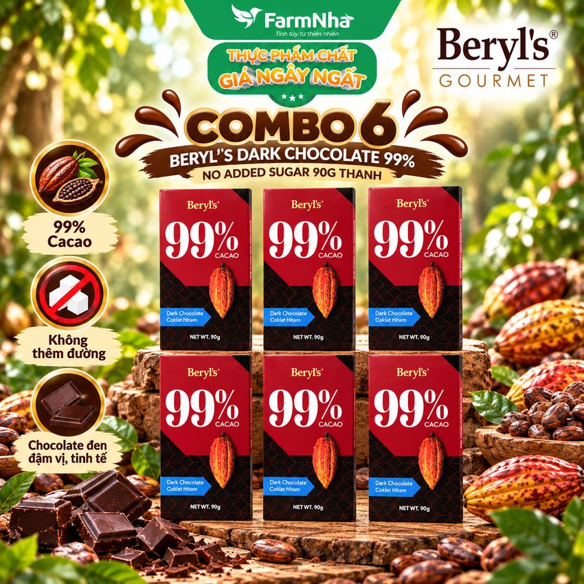 (Combo 6) Sô cô la Beryls No Added Sugar Dark 99% Chocolate 90g : Sô Cô La Nguyên Chất Không Đường Tinh Tế