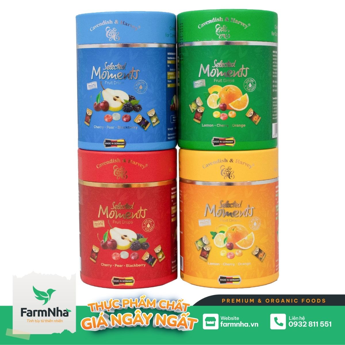 Kẹo Cavendish & Harvey C&H 100g Selected Moments Fruit Drops Green - Hỗn hợp trái cây Lemon, Cherry, Orange