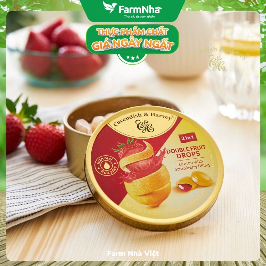 (Combo 5 hộp) Kẹo trái cây Cavendish & Harvey vị LEMON WITH STRAWBERRY FILLING 175gr nhân siro - Vị ngon tự nhiên tuyệt vời từ Đức