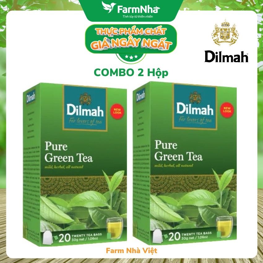 (Combo 2 Hộp) Trà Dilmah Pure Green Tea All Natural 30g 20 túi x 1,5gr Trà xanh tinh khiết - Tinh hoa trà Sri Lanka