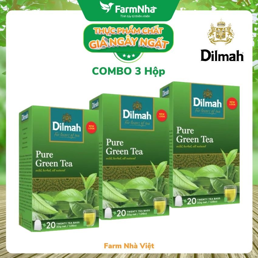 (Combo 3 Hộp) Trà Dilmah Pure Green Tea All Natural 30g 20 túi x 1,5gr Trà xanh tinh khiết - Tinh hoa trà Sri Lanka