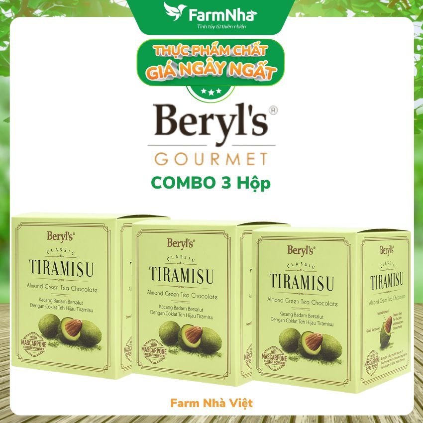 (Combo 3 Hộp) Socola Tiramisu Almond Green Tea Chocolate 100g Beryls - Socola hạnh nhân trà xanh với bột phô mai Ý mascarpone