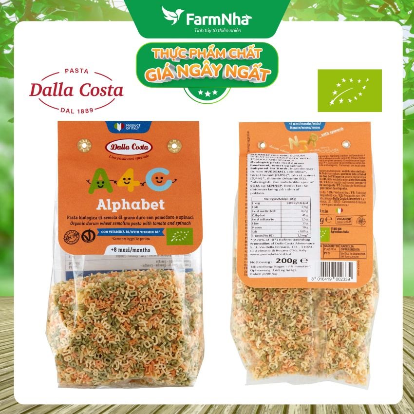 Nui Hữu Cơ Rau Củ Cho Bé Dalla Costa Hình Chữ 200g - Organic Baby Pasta Alphabet (từ 08 tháng tuổi)