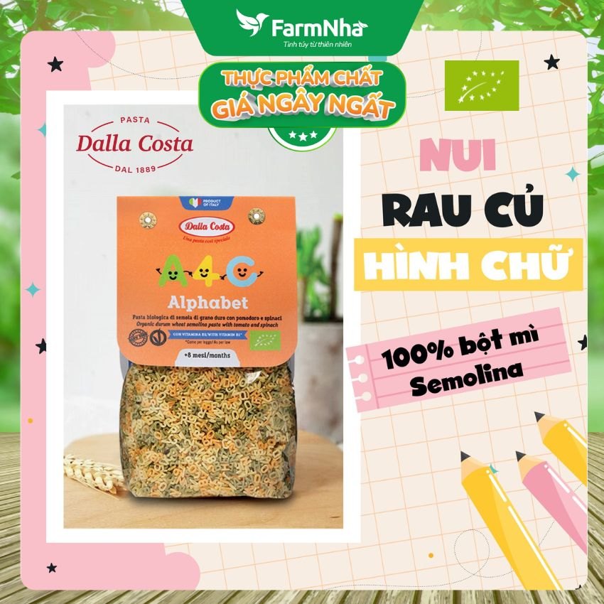 Nui Hữu Cơ Rau Củ Cho Bé Dalla Costa Hình Chữ 200g - Organic Baby Pasta Alphabet (từ 08 tháng tuổi)