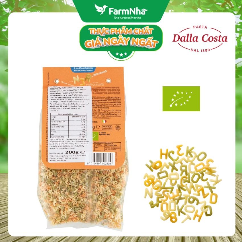 Nui Hữu Cơ Rau Củ Cho Bé Dalla Costa Hình Chữ 200g - Organic Baby Pasta Alphabet (từ 08 tháng tuổi)