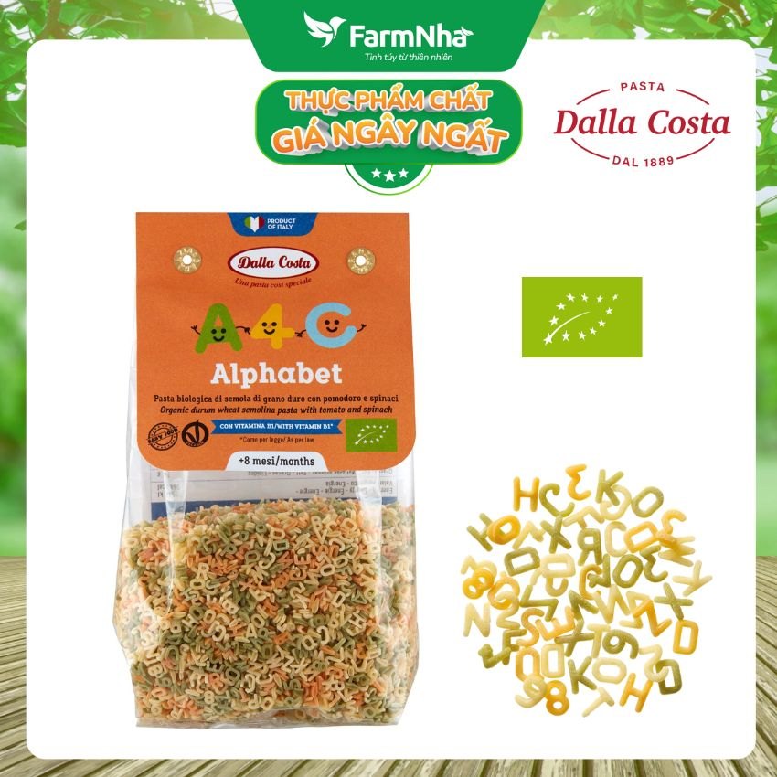 Nui Hữu Cơ Rau Củ Cho Bé Dalla Costa Hình Chữ 200g - Organic Baby Pasta Alphabet (từ 08 tháng tuổi)